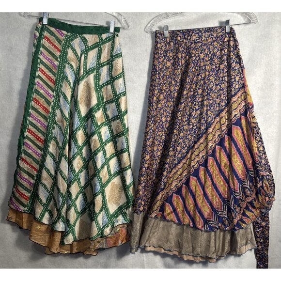 Women Silk Wrap Skirts Bundle of 2 One Size Multicolor Boho Sari Festive 5-5 - Picture 2 of 15